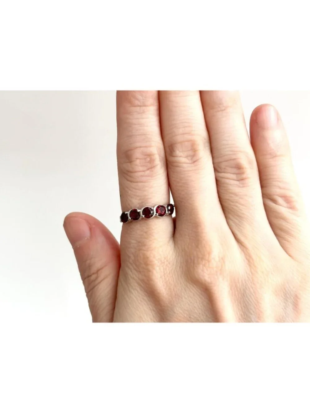 Multi Garnet Gemstone Minimalist Row Set Sterling Silver 925 Vintage Ring - sz 8